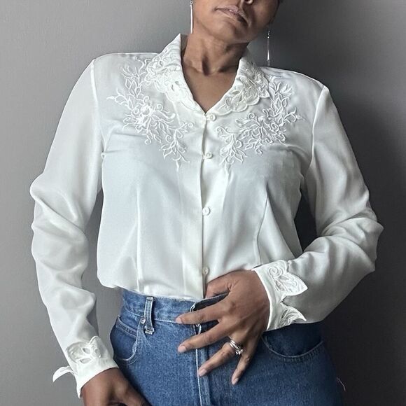 Vintage Karen Scott Button Up Blouse Fancy Collar Embroidered Ivory Womens Large - Picture 2 of 12